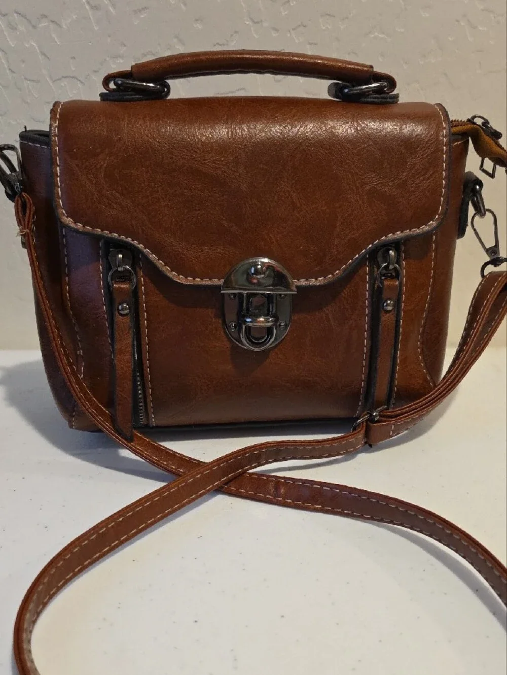 Brown Leather Crossbody Satchel Handbag